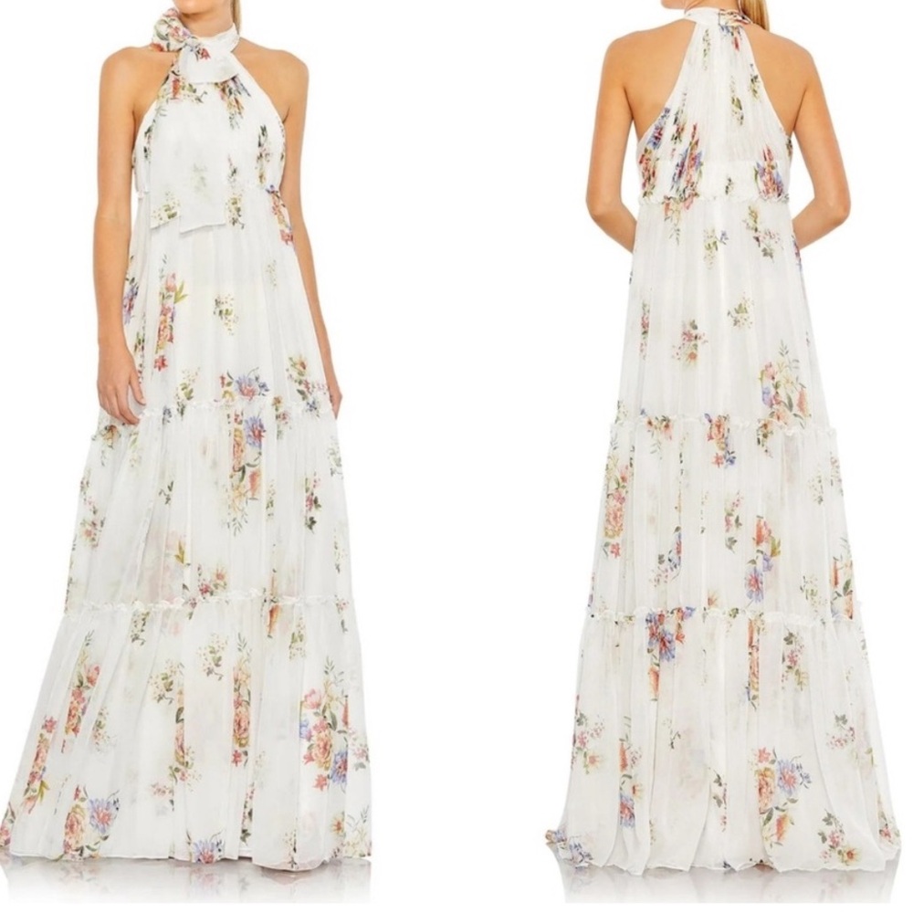 Mac Duggal White Multi Floral Tiered Maxi Dress